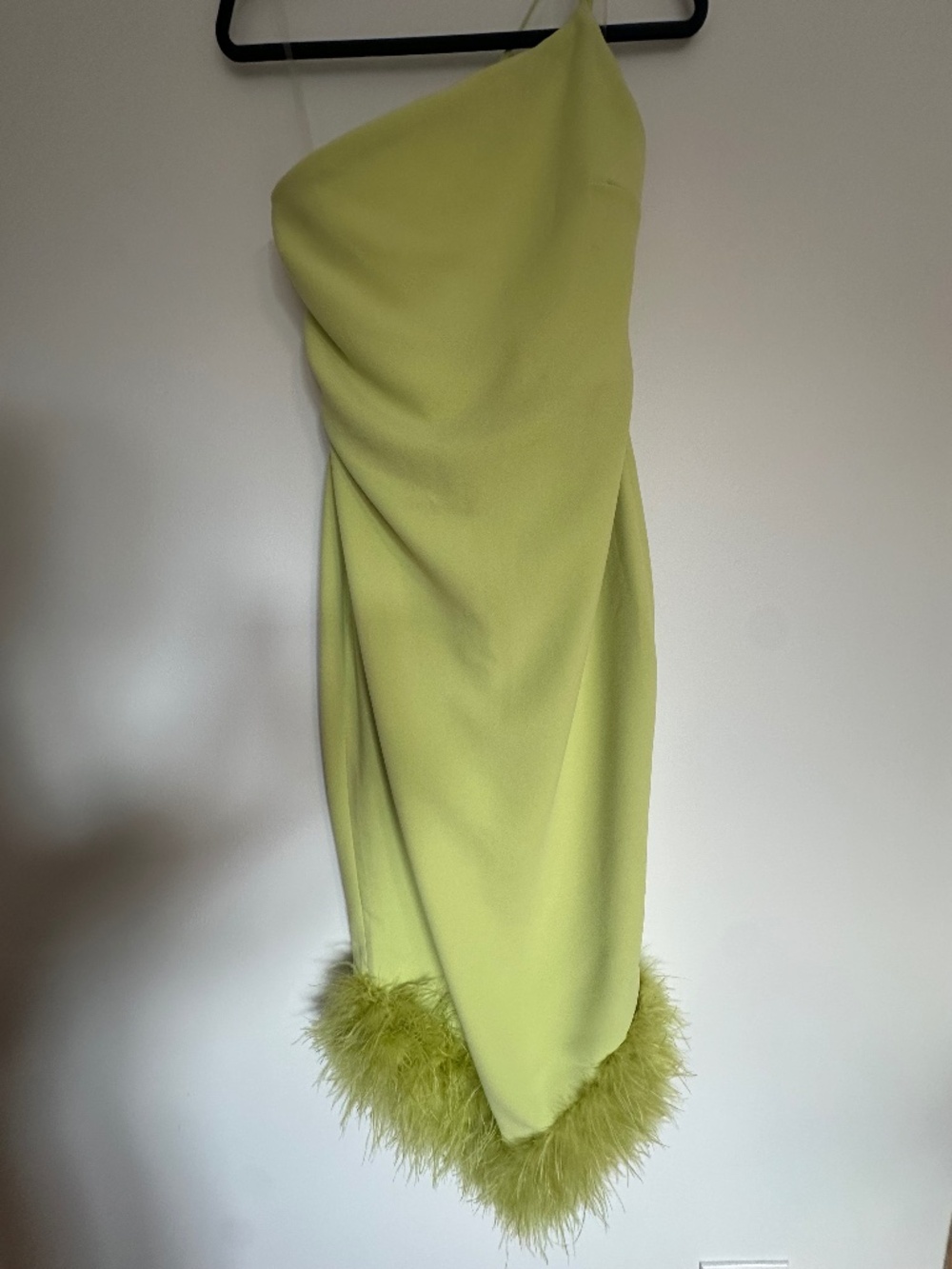 House of CB "Alessia" Asymmetric Feather Trim Midi Dress